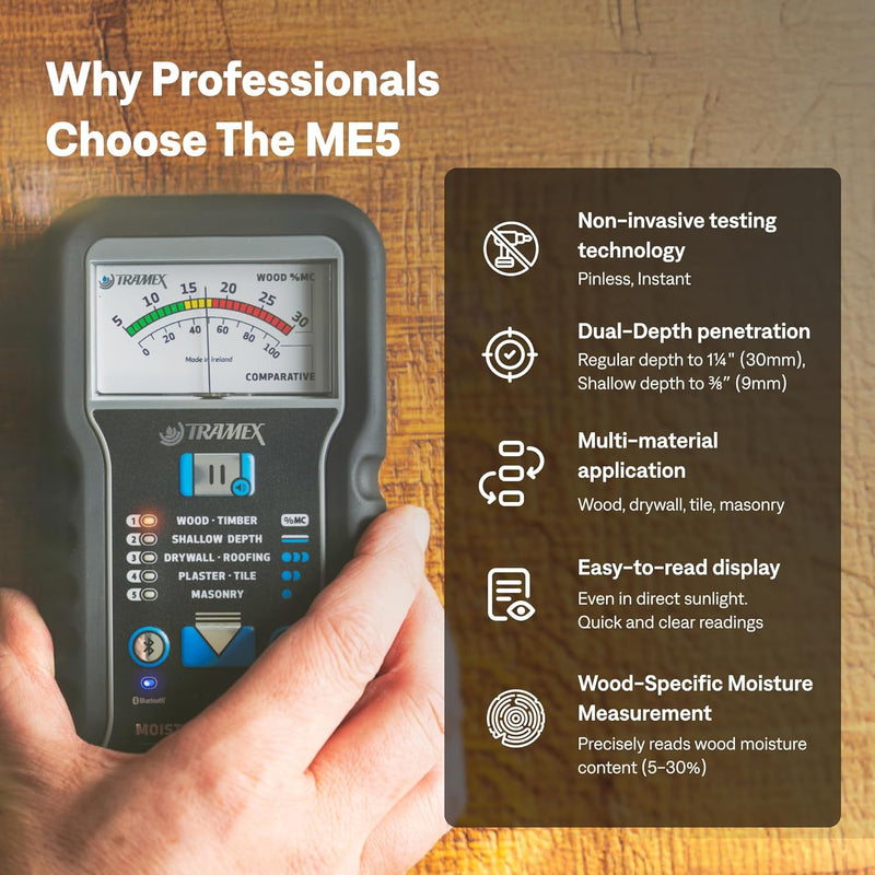 Tramex Moisture Encounter ME5 | Pinless Meter for Measuring Moisture Content in Wood, Drywall & Building Materials