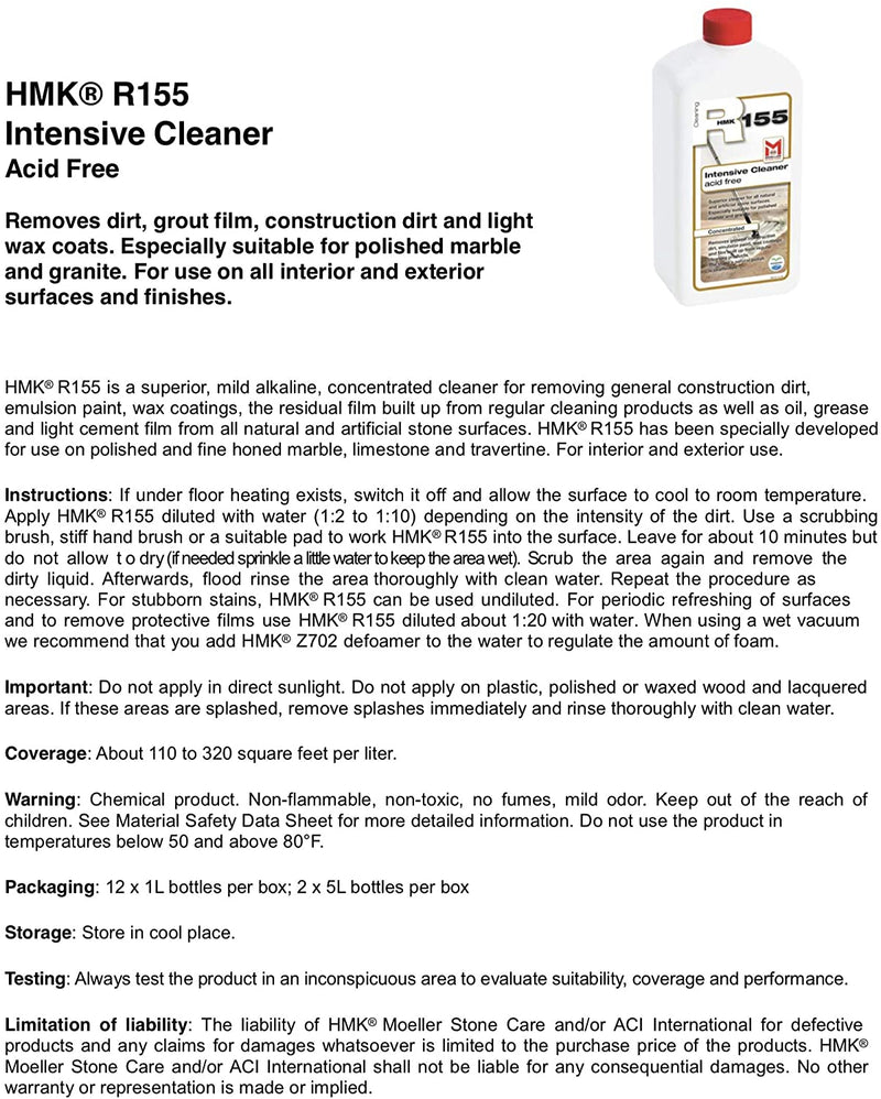 HMK R155 Intensive Stone & Tile Cleaner - 1 Liter Unit, Concentrated Acid Free Cleaner